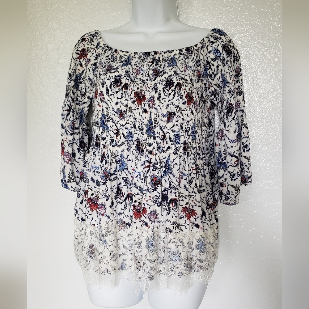 Woman's Bohemian Lace Floral Top Smocked Blouse Bell Sleeves Sz L Eyeshadow